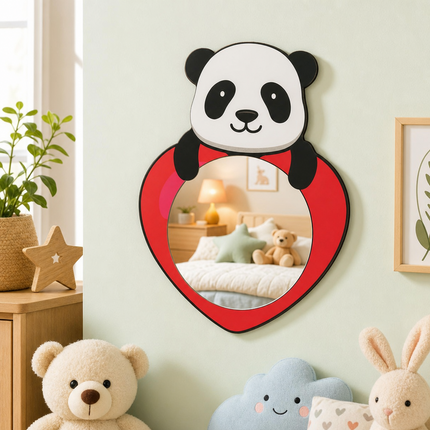 Sevgi Pandası Kalp Tasarımlı Çocuk Odası Dekoratif Duvar Aynası - 27 × 36 cm