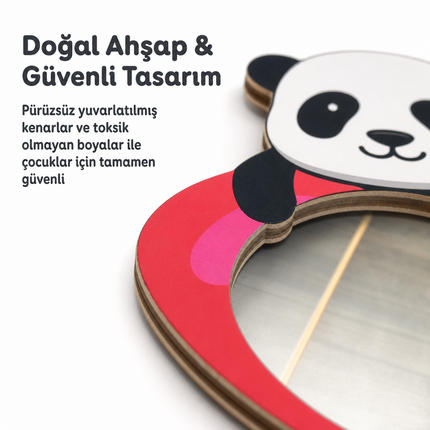 Kişiselleştirilebilir İsimli Ayna – Sevgi Pandası Kalp Figürlü Ahşap Duvar Süsü