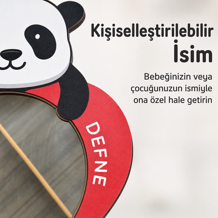 Kişiselleştirilebilir İsimli Ayna – Sevgi Pandası Kalp Figürlü Ahşap Duvar Süsü