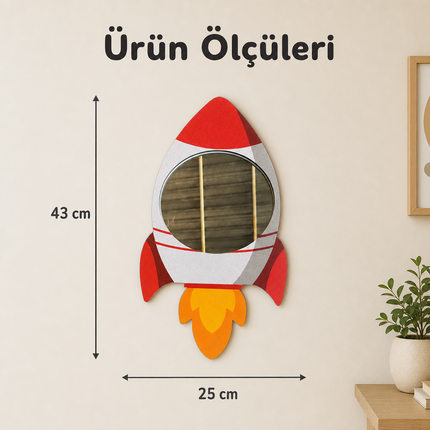 Uzay Roketi Tasarımlı Çocuk Odası Dekoratif Duvar Aynası - 25 × 43 cm