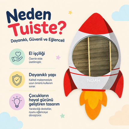 Kişiselleştirilebilir İsimli Ayna – Uzay Roketi Figürlü Ahşap Duvar Süsü