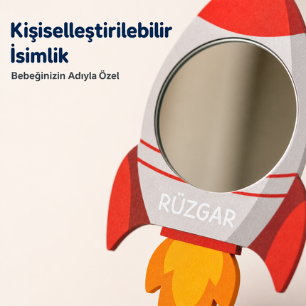 Kişiselleştirilebilir İsimli Ayna – Uzay Roketi Figürlü Ahşap Duvar Süsü