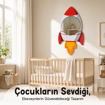Uzay Roketi Tasarımlı Çocuk Odası Dekoratif Duvar Aynası - 25 × 43 cm