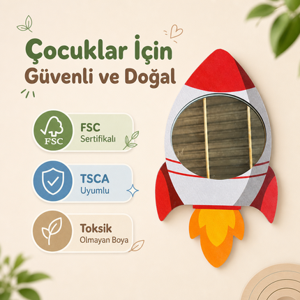 Uzay Roketi Tasarımlı Çocuk Odası Dekoratif Duvar Aynası - 25 × 43 cm