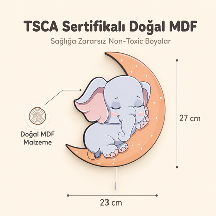 Uykucu Fil Ay Temalı Bebek ve Çocuk Odası LED Duvar Lambası