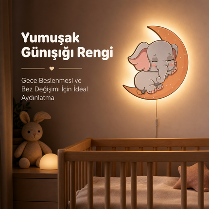 Uykucu Fil Ay Temalı Bebek ve Çocuk Odası LED Duvar Lambası