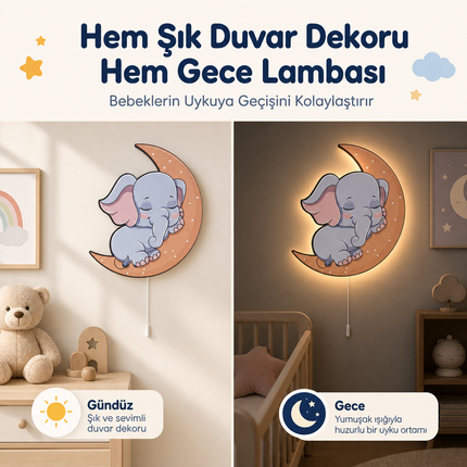 Uykucu Fil Ay Temalı Bebek ve Çocuk Odası LED Duvar Lambası